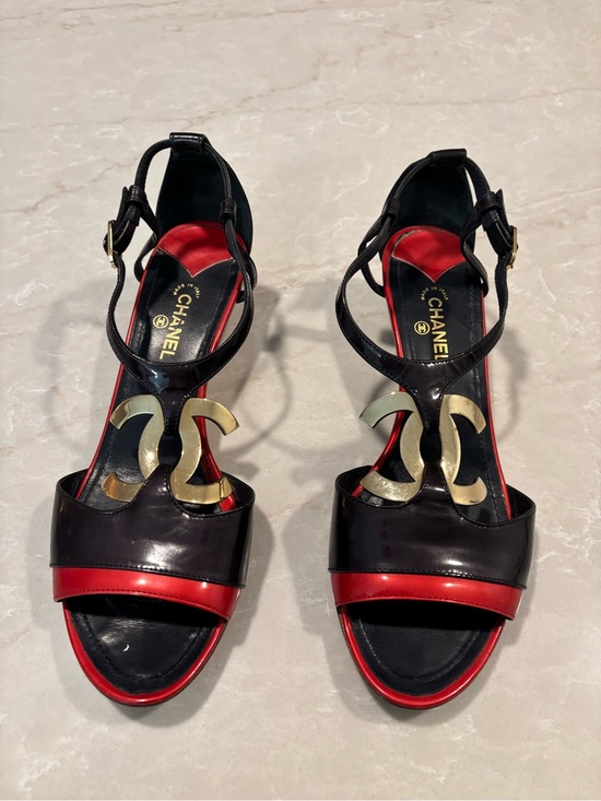 CHANEL Shoes - CHANEL Navy and Red Patent Leather CC T-Strap Wedge